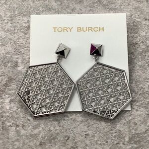 Tory Burch Perforated Logo Hexagon Drop Earrings NWOT